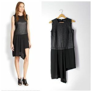 BCBGMaxAzria Juliane Black Dress XXS 2XS textured bodice Asymmetrical pleat Hem